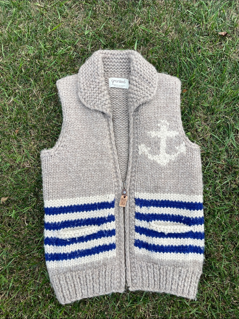 Granted 100% wool Knit Anchor Zip Vest - Cream with Blue Stripes